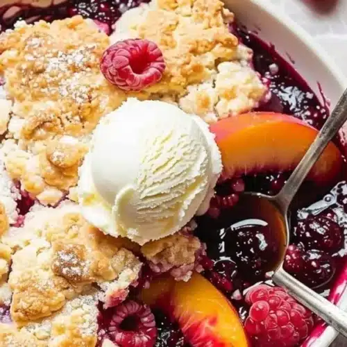 Delicious Peach Cobbler with Raspberries fresh out of the oven