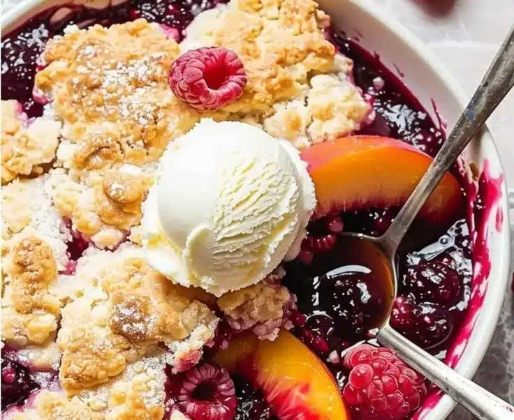 Delicious Peach Cobbler with Raspberries fresh out of the oven
