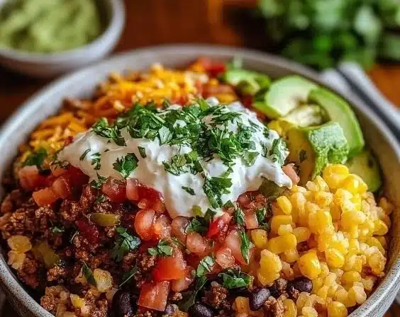 Delicious Taco Rice Bowl with fresh ingredients and vibrant colors.