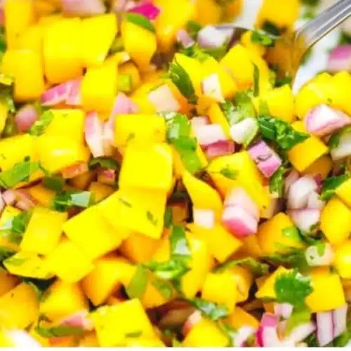 Bowl of fresh mango salsa with diced mango, onions, and cilantro