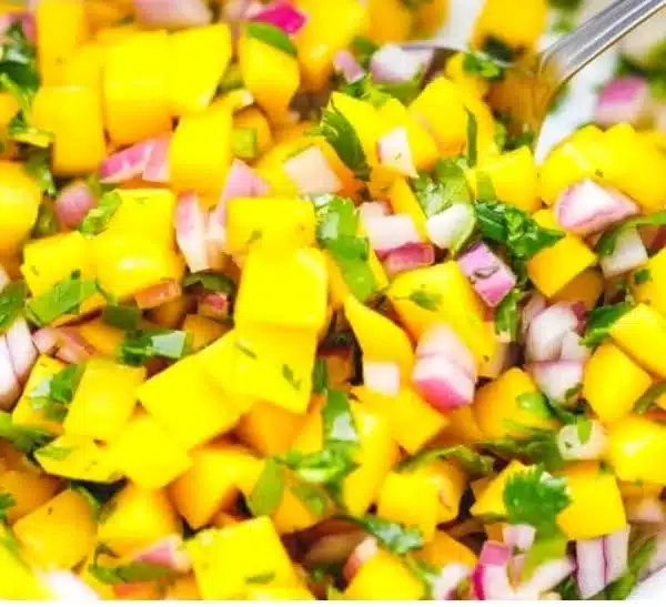 Bowl of fresh mango salsa with diced mango, onions, and cilantro
